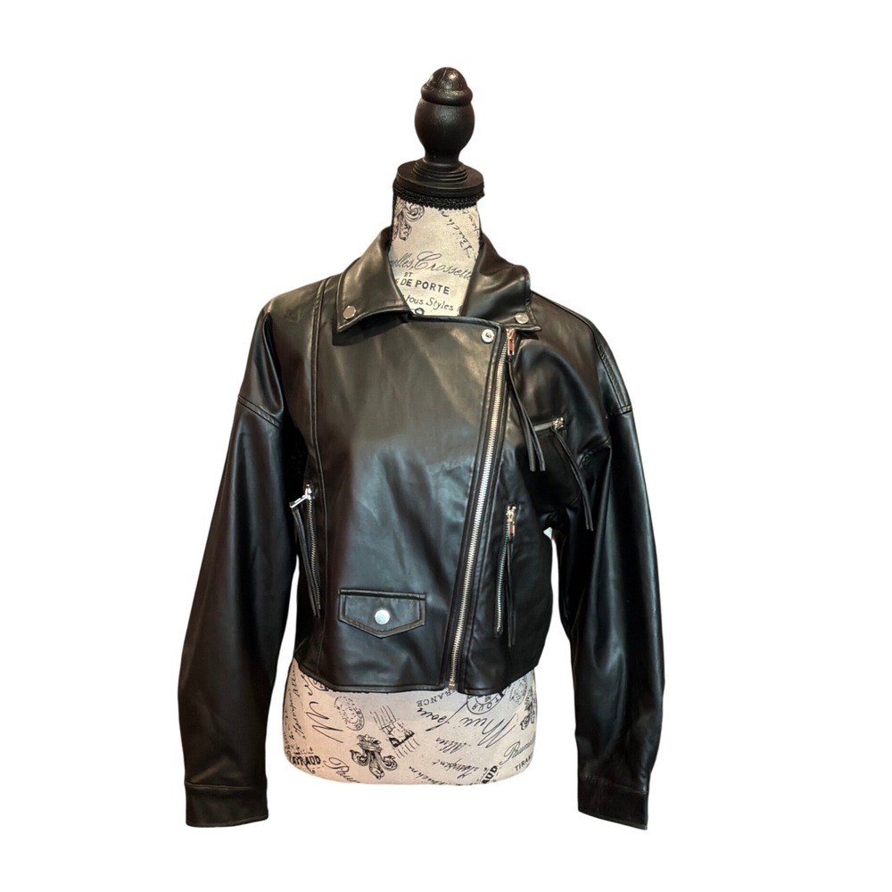 12th Tribe Til Death Black Faux Leather Moto Jacket Womens Small Cropped - Picture 2 of 6